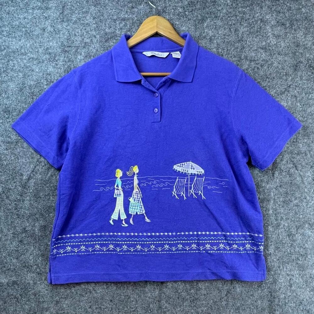 Vintage TanJay Polo Shirt Womens Large Purple Coastal Beachy Grandma Embroidered